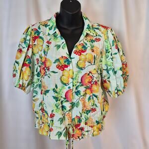 XL Lauren Conrad Fruit Blouse Lemon Cherry Print Puff Sleeve Twee Aesthetic
